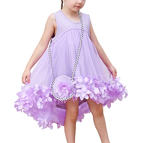 Mädchen Kleid A-Linie Niedlich Handtasche Lila Prinzessin Trägerkleid Gr. 110 von Sunny Fashion