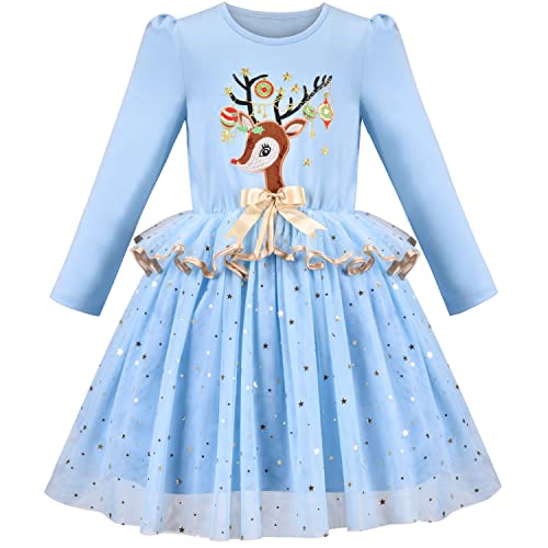 Mädchen Kleid Blau Funkeln Pailletten Rentier Elch Weihnachten Langarm Tüll Rock Gr. 134 von Sunny Fashion