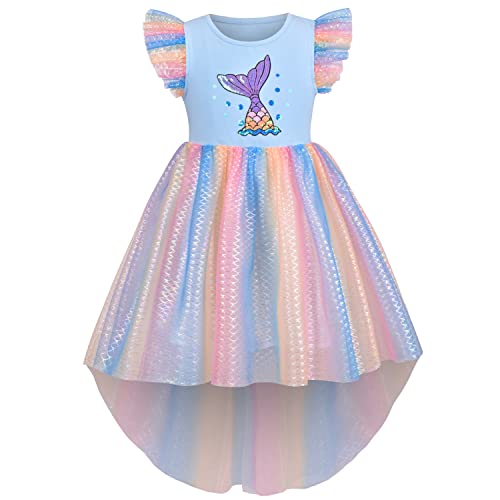 Mädchen Kleid Blau Regenbogen Meerjungfrau Sommer Meer Rock Tutu Flatter-Ärmel Gr. 116 von Sunny Fashion