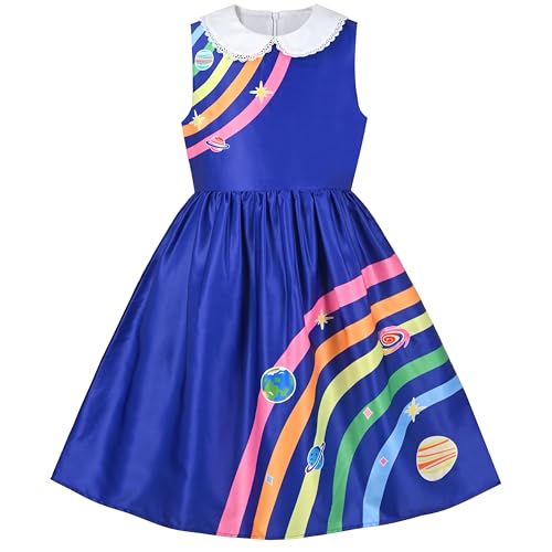 Mädchen Kleid Blau Regenbogen Universum Stern Planet Erde Beiläufig Ärmellos Gr. 110,Blaues Sonnensystem,110 von Sunny Fashion