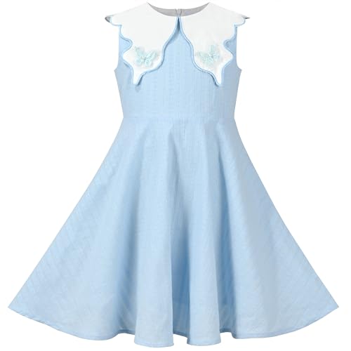 Mädchen Kleid Blau Schmetterling Fließend Swing Beiläufig Trägerkleid Ärmellos Gr. 134,Himmelblau,134 von Sunny Fashion