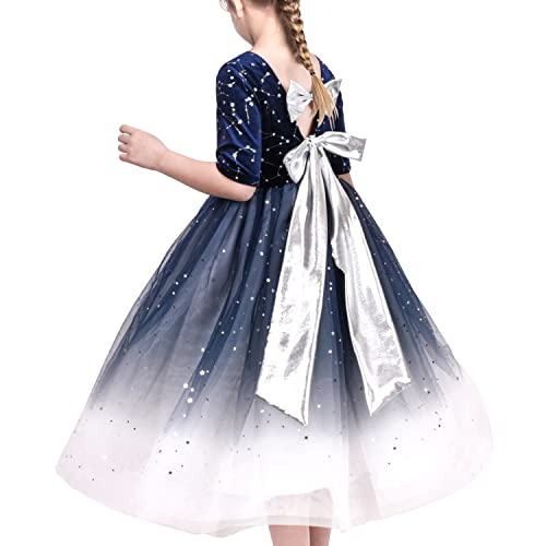 Mädchen Kleid Blau Silber Sternkonstellation Gradient Krawatte Prinzessin Gr. 146,Blauer Stern,146 von Sunny Fashion