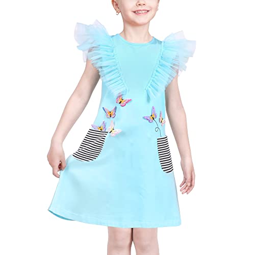 Mädchen Kleid Blau T-Shirt Tasche Stickerei Schmetterling Tüll Flatter-Ärmel Gr. 122,Himmelblau,122 von Sunny Fashion