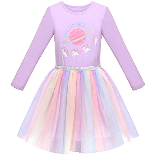 Mädchen Kleid Einhorn Karussell Regenbogenfarbe Glänzend Tüll Rock Langarm Gr. 122 von Sunny Fashion