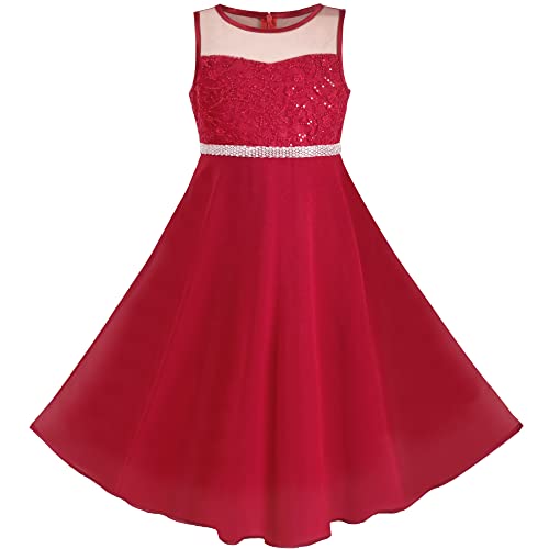 Mädchen Kleid Jujube Rot Stickerei Spitze Chiffon Rock Pailletten Taille Gr. 110 von Sunny Fashion
