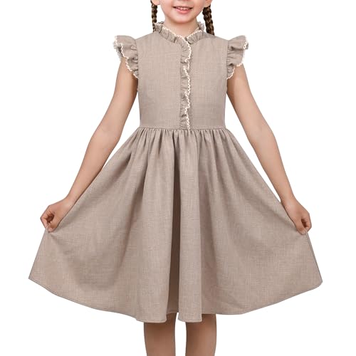 Mädchen Kleid Kaffee Solide Spitze Trimmen Cap Sleeve Täglich Student Party Baumwolle Gr. 116,Beige,116 von Sunny Fashion