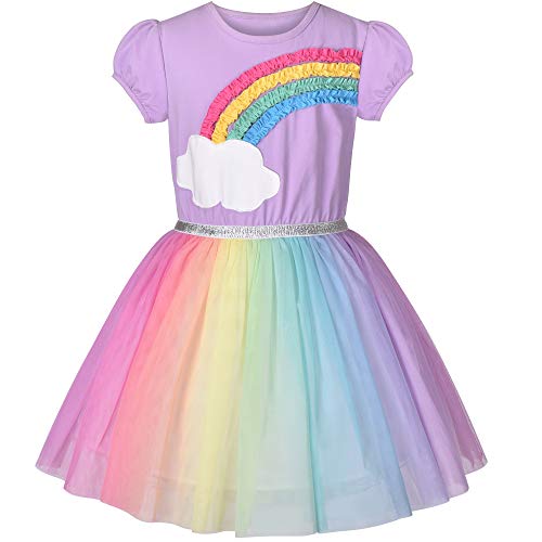 Mädchen Kleid Lila Kurzarm Regenbogen Tüll Rock Geburtstagsfeier Gr. 122 von Sunny Fashion