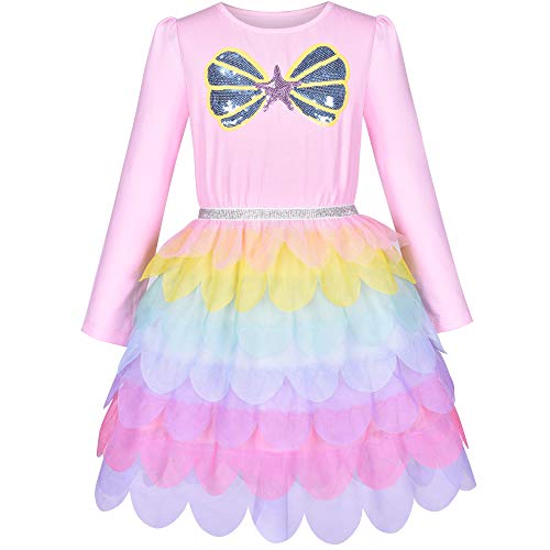 Mädchen Kleid Meerjungfrau Prinzessin Langarm Regenbogen Rüsche Rock Gr. 134 von Sunny Fashion