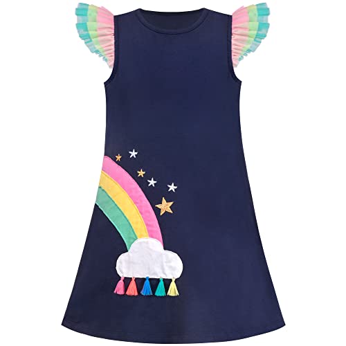 Mädchen Kleid Navy blau Abschlag A-Linie Regenbogen Stickerei Rüsche Flare-Hülse Gr. 116,Regenbogen,116 von Sunny Fashion