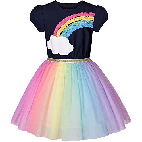 Mädchen Kleid Navy blau Kurzarm Regenbogen Tüll Rock Geburtstagsfeier Gr. 104 von Sunny Fashion