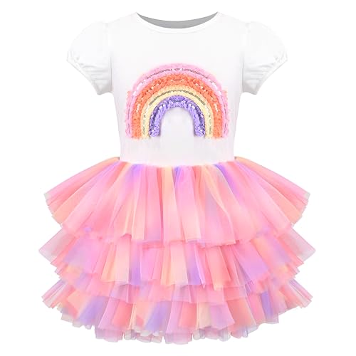 Mädchen Kleid Regenbogen Pailletten Stickerei Tiered Tüll Rock Party Geburtstag Gr. 98,Regenbogen-Pailletten,98 von Sunny Fashion