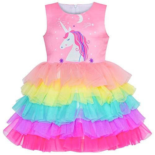 Mädchen Kleid Rosa Einhorn Rüsche Regenbogen Kuchen Rock Gr. 104 von Sunny Fashion