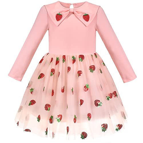 Mädchen Kleid Rosa Erdbeere Pailletten Rock Applikationen Bogen Langarm Gr. 116 von Sunny Fashion