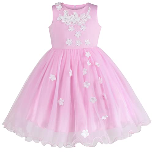 Mädchen Kleid Rosa Hochzeit Party Tüll Rock Applikationen Blume Ärmellos Gr. 122 von Sunny Fashion