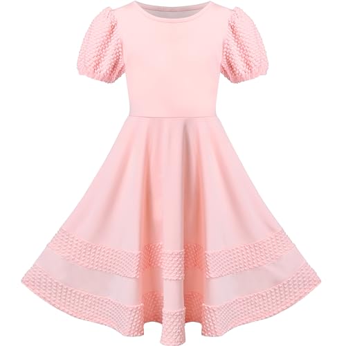 Mädchen Kleid Rosa Solide A-Linie Jahrgang Puff Ärmel Frühling Sommer Gr. 110,Rosa,110 von Sunny Fashion