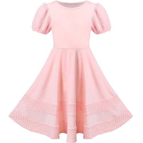 Mädchen Kleid Rosa Solide A-Linie Jahrgang Puff Ärmel Frühling Sommer Gr. 122,Rosa,122 von Sunny Fashion