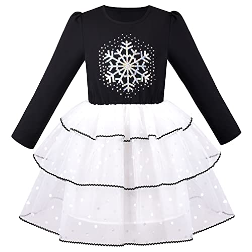 Mädchen Kleid Schwarz Schneeflocke Tupfen Weihnachten Langarm Tüll Rock Gr. 116 von Sunny Fashion