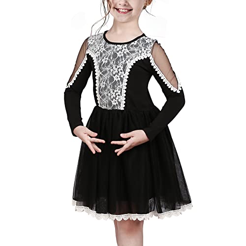 Mädchen Kleid Schwarz Spitzenspitze Tanzen Rock Aus der Schulter Langarm Gr. 110 von Sunny Fashion