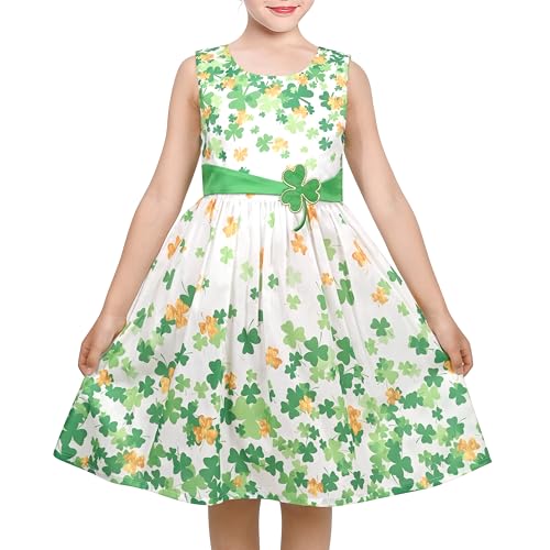 Mädchen Kleid St. Patrick Kleeblatt Glücklich Trägerkleid Frühling Sommer Festlich Gr. 128-134,Grünes Kleeblatt,128-134 von Sunny Fashion