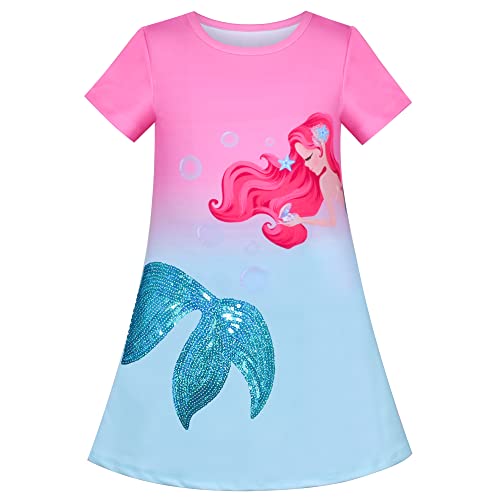 Mädchen Kleid T-Shirt Meerjungfrau Pailletten Schwanz Gradient Rosa Fee Geschichte Kurzarm Gr. 110 von Sunny Fashion