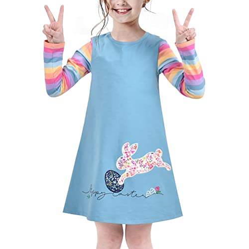 Mädchen Kleid T-Shirt Ostern Niedlich Ei Blumen Hase Strickkleid Streifen Langarm Blau Gr. 122 von Sunny Fashion