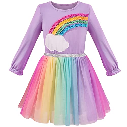 Mädchen Kleid Tüll Rock Regenbogen Farbe 3D Rüsche Langarm Gr. 98 von Sunny Fashion