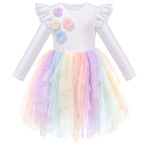 Mädchen Kleid Tüll Rock Regenbogenfarbe 3D Spitze Blume Fackel Langarm Gr. 110 von Sunny Fashion