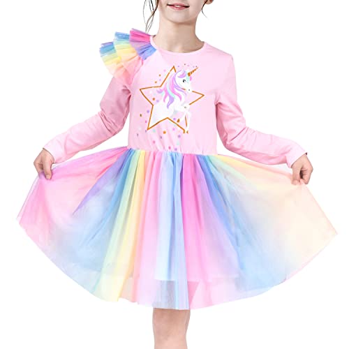 Mädchen Kleid Tüll Rock Rosa Regenbogen Einhorn Stern Baumwolle Langarm Größe 104, CNUS0TK22 von Sunny Fashion