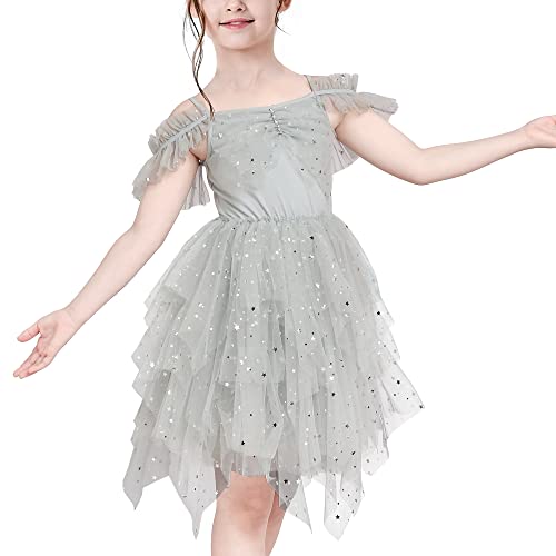 Mädchen Kleid Tutu Rock Kuchen Layered Grau Straps Glänzender Stern Ärmellos Gr. 122 von Sunny Fashion