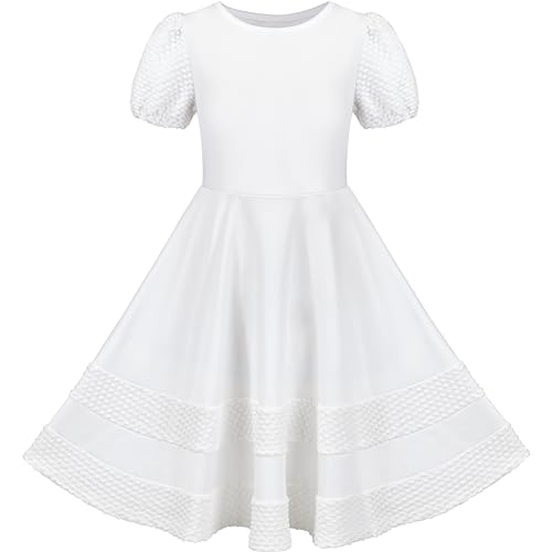 Mädchen Kleid Weiß Solide A-Linie Retro Puff Ärmel Beiläufig Frühling Sommer Gr. 116,Weiß,116 von Sunny Fashion