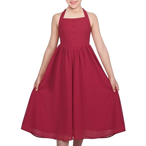 Mädchen Kleid rot Halfter Taste Smok Zurückbinden Strand Party Chiffon Gr. 122,Rot,122 von Sunny Fashion