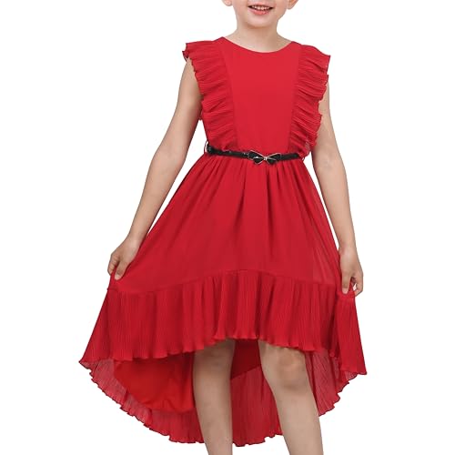 Mädchen Kleid rot Solide Rüsche Cap Sleeve Gürtel Hi-Lo Festzug Hochzeit Formal Gr. 146,Rot,146 von Sunny Fashion