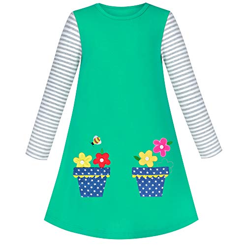 Mädchen Kleider Streifen Langarm Baumwolle Grün Herbst Winter T-Shirt Kleid Blume Topf Gestickt Gr.110 von Sunny Fashion