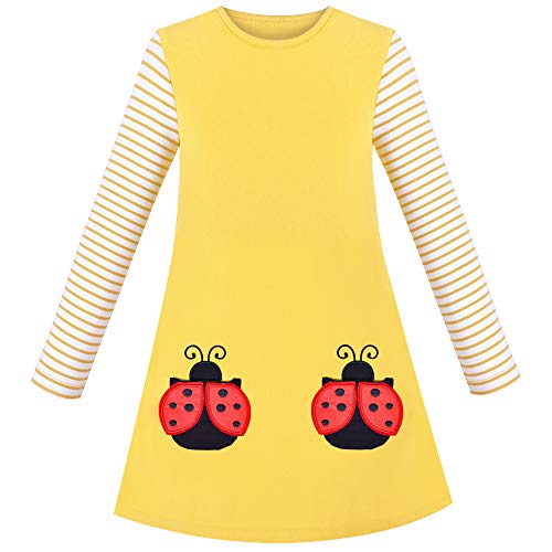 Mädchen Kleider Streifen Langarm Baumwolle Marienkäfer Gelb Herbst Winter T-Shirt Kleid Streifen Ladybug Gr.110 von Sunny Fashion