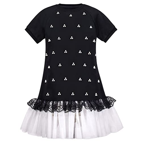 Mädchen Kurzarm Schwarz T-Shirt Kleid Perle Spitze Weiß Mini Tüll Beiläufig Gr. 110,Schwarz,110 von Sunny Fashion