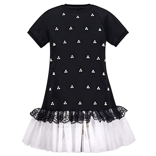 Mädchen Kurzarm Schwarz T-Shirt Kleid Perle Spitze Weiß Mini Tüll Beiläufig Gr. 134,Schwarz,134 von Sunny Fashion