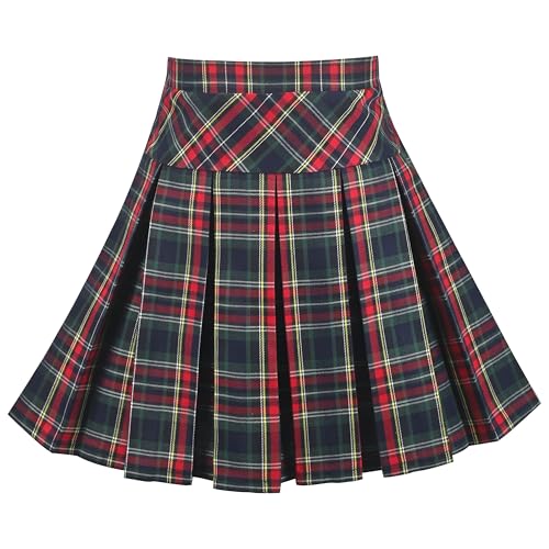 Mädchen Rock Grün rot Gingham Plaid Gefaltet Elastisch Retro Schule Party Gr. 128-134,Rot Grün Kariert,128-134 von Sunny Fashion