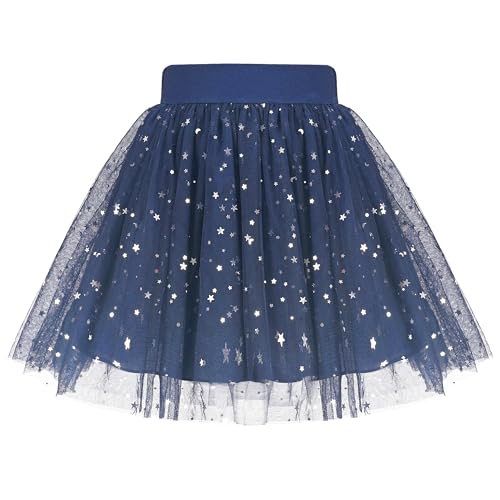 Mädchen Rock Navy blau Mond Stern Hohe Taille Funkelnd Tutu Tanzen Tüll Gr. 110,Blaue Sterne,110 von Sunny Fashion