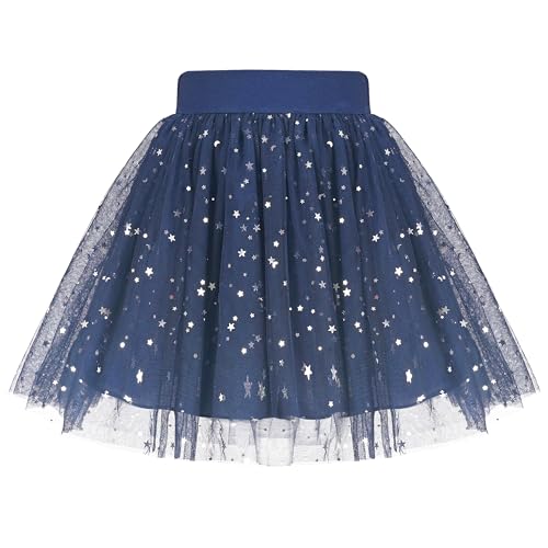 Mädchen Rock Navy blau Mond Stern Hohe Taille Funkelnd Tutu Tanzen Tüll Gr. 128-134,Blaue Sterne,128-134 von Sunny Fashion
