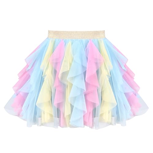 Mädchen Rock Regenbogen Tüll Layered Stufe Rüsche Prinzessin Geburtstag Tanzen Party Gr. 128-134,Blau Rosa,128-134 von Sunny Fashion