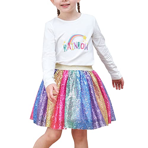Mädchen Rock Setzen 2 Stück Lange Hemd Tutu Rock Regenbogen Multicolor Pailletten Gr. 110 von Sunny Fashion