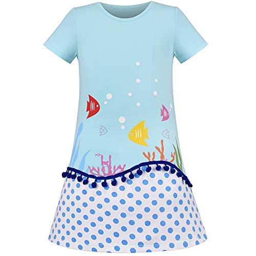 Mädchen T-Shirt Kleid Springen Rock Bommel Fisch Tupfen Strand Blase Kurzarm Gr. 122 von Sunny Fashion