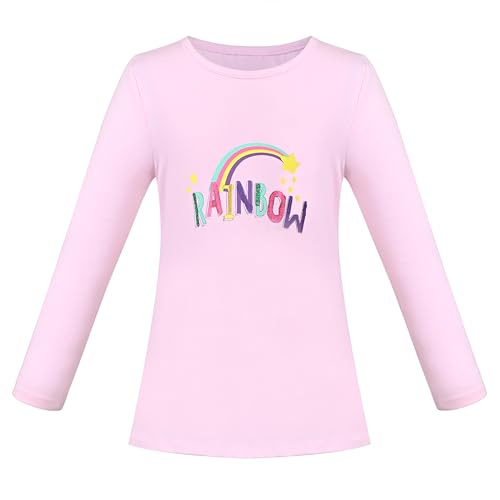 Mädchen T-Shirt Langarm Top Baumwolle Rosa Regenbogen Funkelnd Brief Essentiell Gr. 128-134,Rosa,128-134 von Sunny Fashion