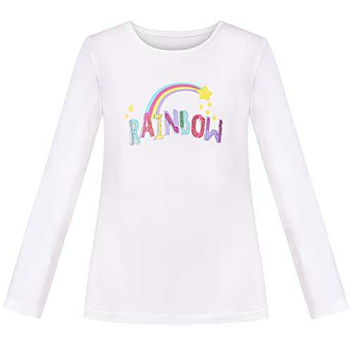 Mädchen Weiß Langarm T-Shirt Top- Regenbogen Pailletten Brief Stern Gr. 110 von Sunny Fashion