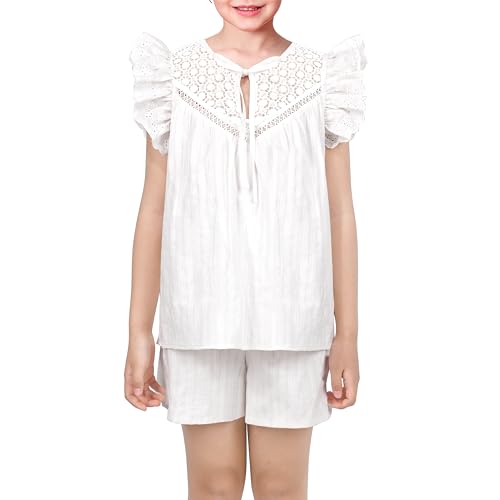 Sunny Fashion Mädchen 2 STK. Shorts Setzen Weiß Kleid Spitze Rüsche Sommer Cool Gemütlich Kleidung Gr. 122,Weiß,122 von Sunny Fashion