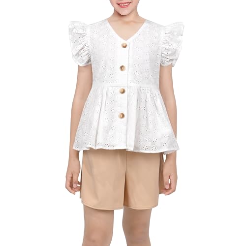 Sunny Fashion Mädchen 2 STK. Shorts Setzen Weiß Öse Puff Schößchen Khaki Cool Sommer Beiläufig Gr. 116,Weiß Gelb Set,116 von Sunny Fashion