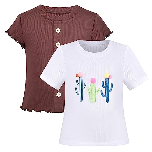 Sunny Fashion Mädchen Crop-Top 2er Pack Rippstrick Basic Kurzarm Fitnessstudio Atmungsaktiv Dehnbar Gr. 116-122,Braun-weißes Paket,116-122 von Sunny Fashion