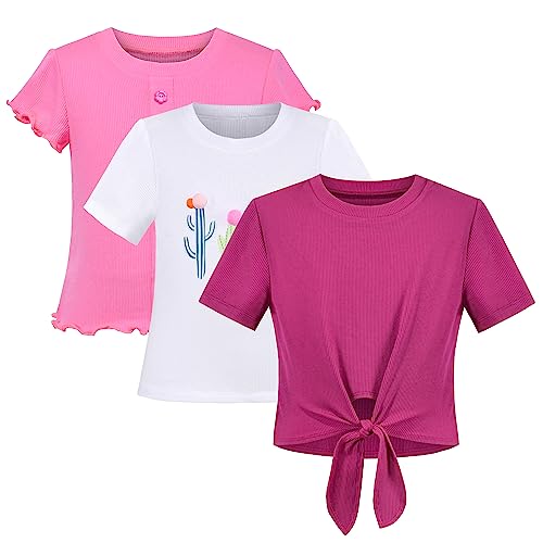 Sunny Fashion Mädchen Crop-Top 3 Pack Rippstrick Binden Knoten Saum Basic Gemütlich Täglich Beiläufig Kurz Gr. 116-122,Rosa-weißes Set,116-122 von Sunny Fashion