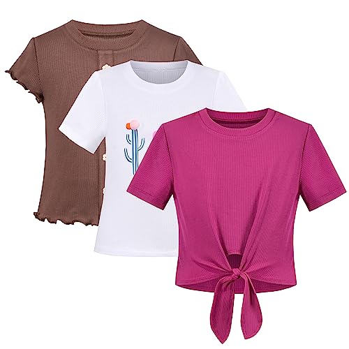 Sunny Fashion Mädchen Crop-Top 3 Pack Rippstrick Knoten Saum Kopfsalat Trimmen Basic Beiläufig Kurz Gr. 110,Braunes weißes Set,110 von Sunny Fashion