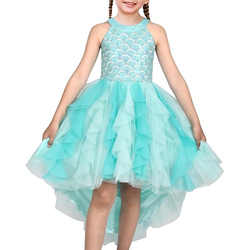 Sunny Fashion Mädchen Halfter Kleid Türkis Rüsche Tiered Meerjungfrau Pailletten Festzug Tüll Gr. 146,Türkis Pailletten,146 von Sunny Fashion